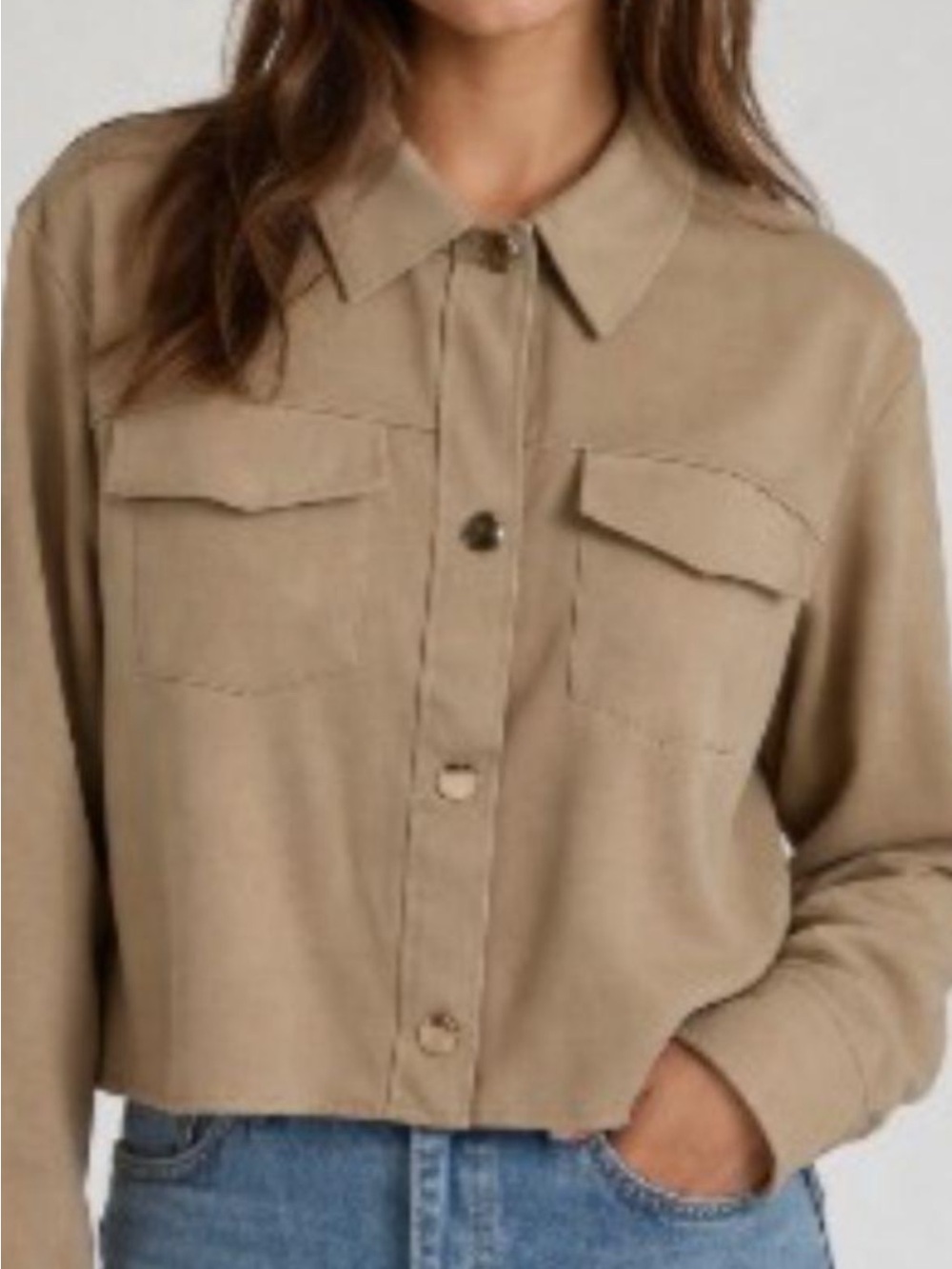 Joie Camel Tan Button Utility Crop Jacket with gold snaps. Size Medium.
